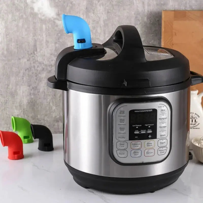 PrimeCanada.Store pressure cooker with blue silicone exhaust pipe on stainless steel body.