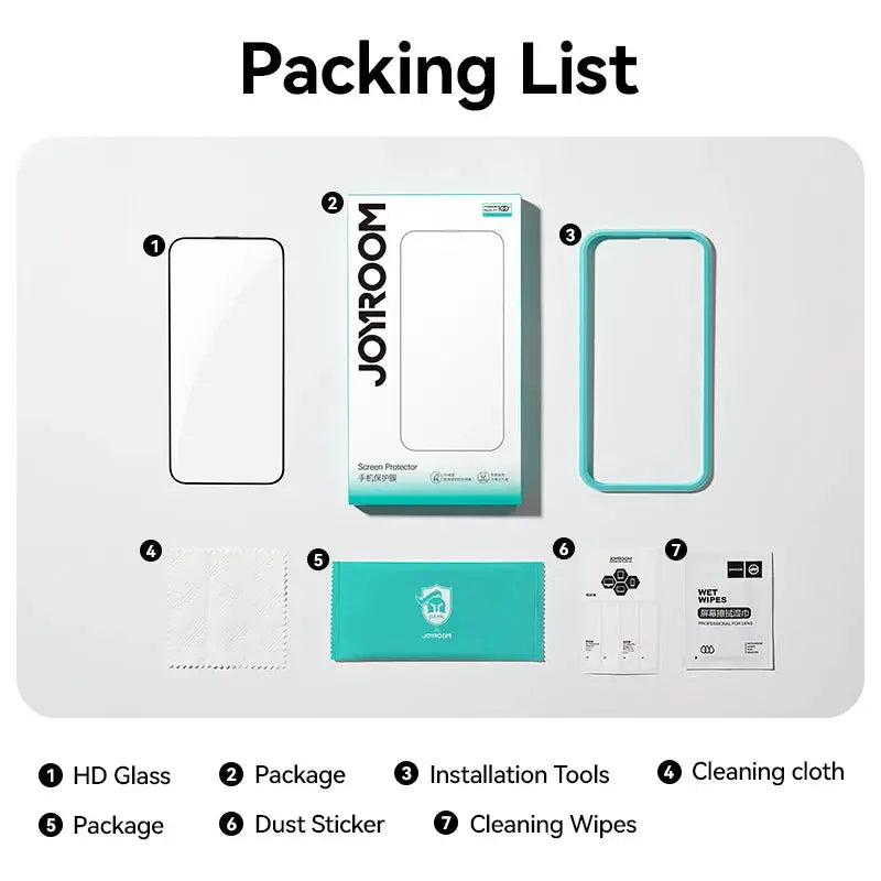 Joyroom 7-piece HD Glass iPhone screen protector kit with installation tools and cleaning wipes