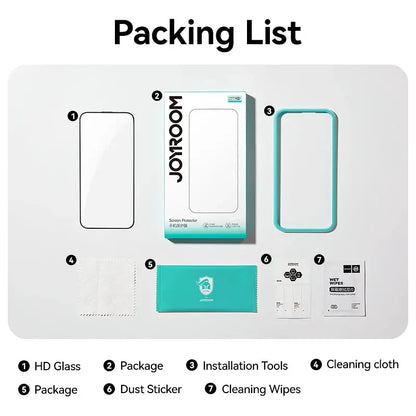 Joyroom 7-piece tempered glass screen protector kit for iPhone with tools, wipes, and cloth
