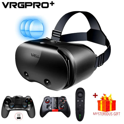 PrimeCanada.Store VR headset for iPhone/Android in black with head strap and real lenses; includes two game controllers and remote