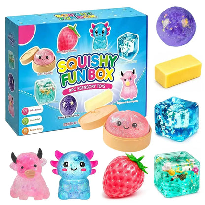 Squishy Fun Box 8pc sensory toy set; slow-rise blind-box squishies for desk decor by PrimeCanada.Store