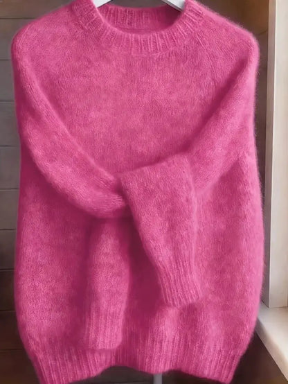 Womens Soft Cozy Knit Sweater pink fuzzy knit with crew neck and ribbed hem