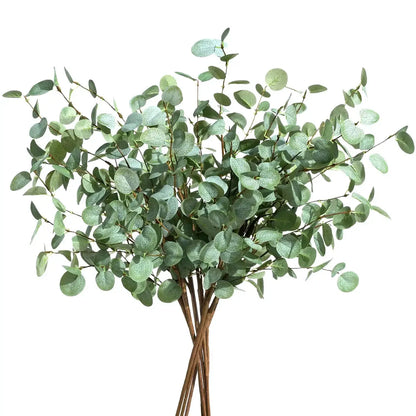 Artificial eucalyptus stems bouquet with round blue-green leaves, 3 stems for vase decor