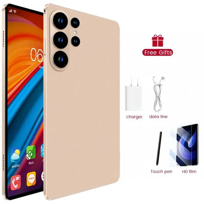 S27 Ultra Android tablet in beige with quad rear cameras; includes charger, data line, touch pen and HD film