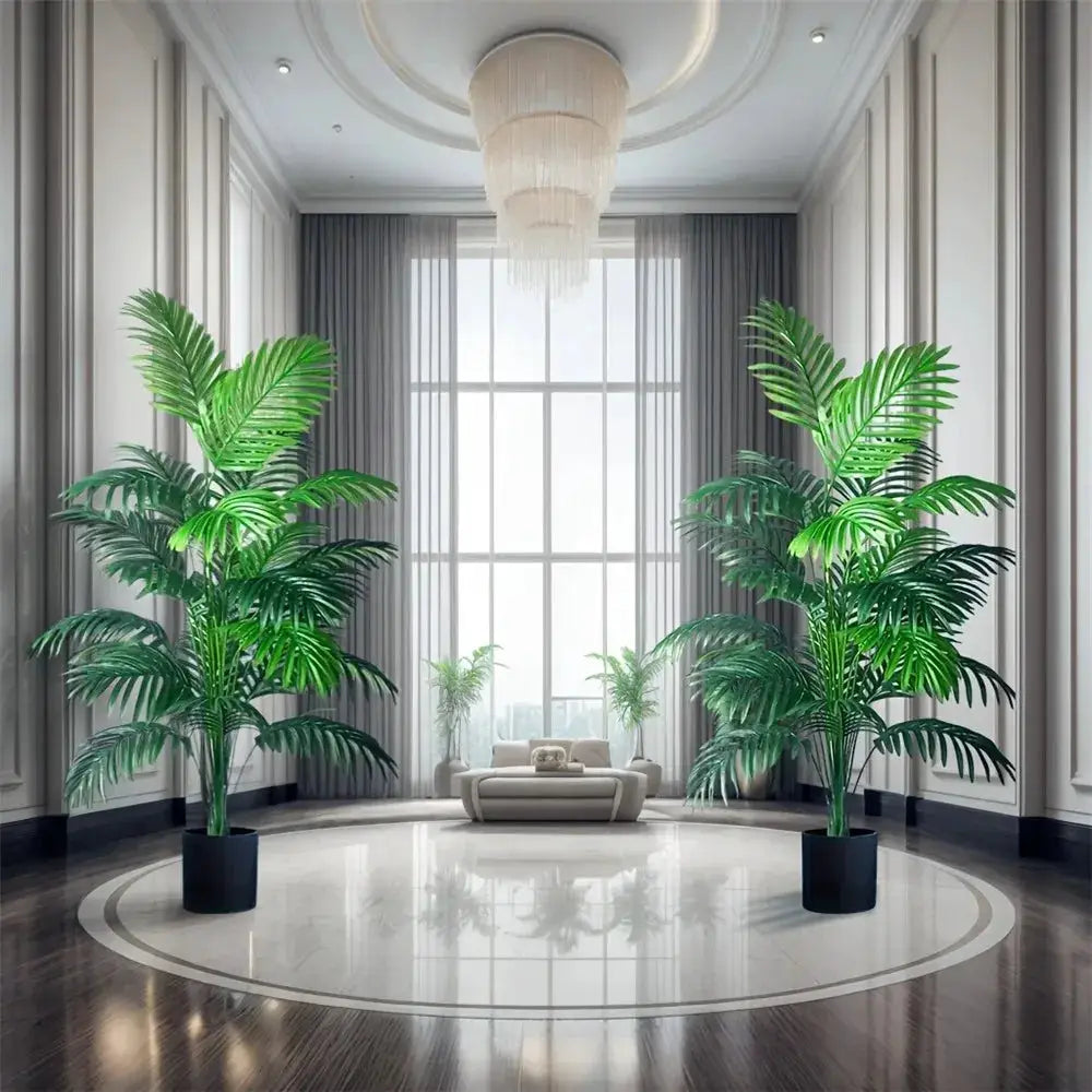 Pair of compact artificial areca palm plants with 24 lifelike leaves in black pots for home decor PrimeCanada.Store