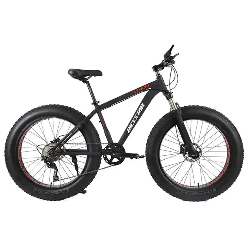 BigStar fat bike with 26x4.0 fat tires, black aluminum frame, disc brakes.