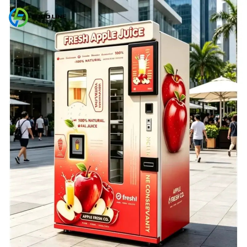 Refrigerated apple juice vending machine with a 21.5-inch touch screen, branded Fresh Apple Juice by Apple Fresh Co.
