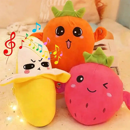 Fruit plush trio: orange, yellow banana, and pink strawberry kawaii stuffed toys by PrimeCanada.Store
