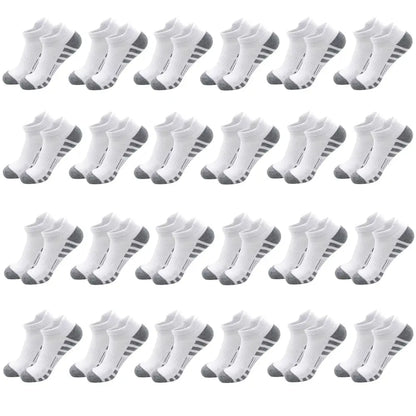 Breathable cushioned athletic ankle socks with extra padding; white with gray heel and toe, PrimeCanada.Store, 24-pair pack