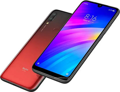 Two Xiaomi Redmi 7 smartphones with red gradient backs, 6.26-inch HD displays, 4000mAh batteries