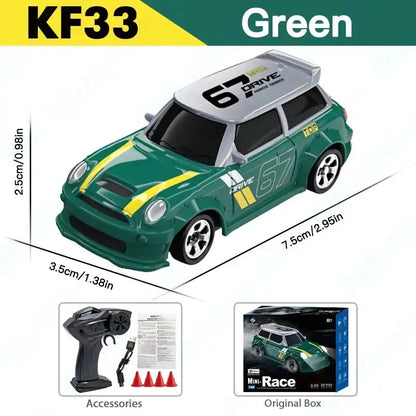 KF20 1/64 Green High-Speed Drift RC Car with 2.4G 4WD remote; includes accessories and original box