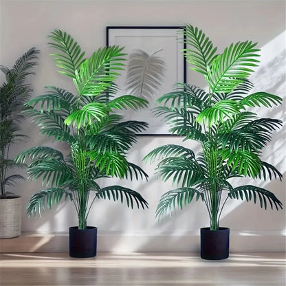 Compact artificial areca palm plant, 2-pack with 24 lifelike leaves in black pots for home decor