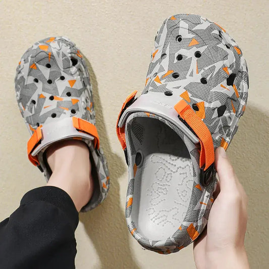 AuraFit Versatile Mens Clogs Slippers with Printed Camo Rubber Sole, grey with orange straps; two slippers shown