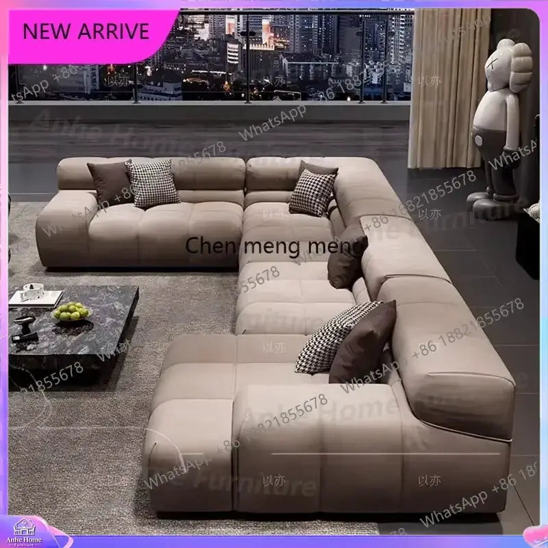 Y183 Corner Puffs beige leather futon-style modular sofa, large L-shaped modern Nordic living room sectional
