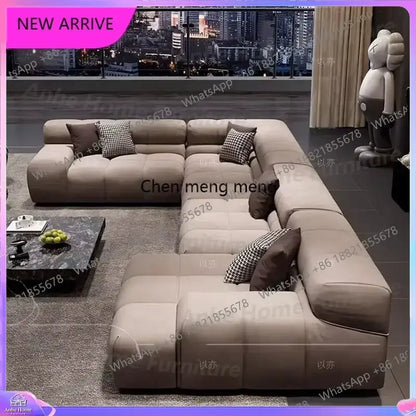 Y183 Corner Puffs beige leather futon-style modular sofa, large L-shaped modern Nordic living room sectional