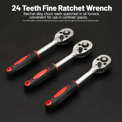 Three-piece 1/4-inch drive ratchet wrench set with carbon steel bodies and black/red ergonomic handles