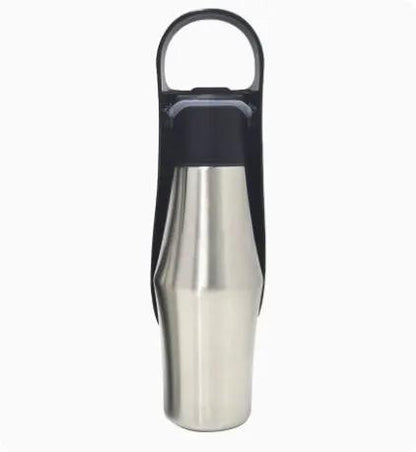 Portable dog water bottle with stainless steel body and black cap with carry loop for outdoor travel