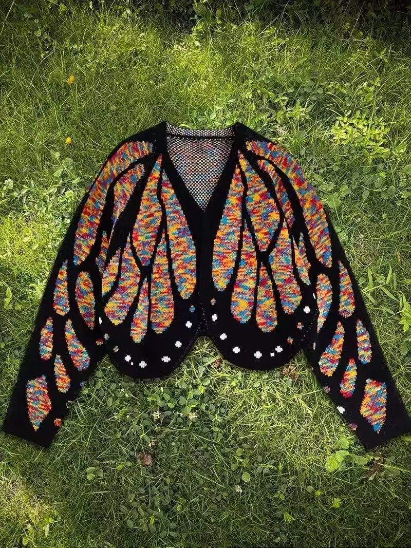 AdTec Women's butterfly knit cardigan; black open-front sweater with multicolor wing motifs and long sleeves