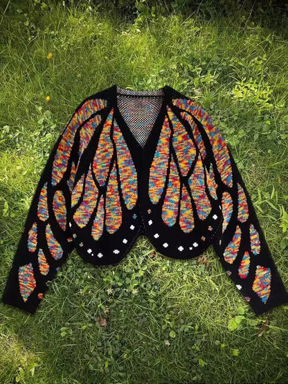 AdTec Women's butterfly knit cardigan; black open-front sweater with multicolor wing motifs and long sleeves
