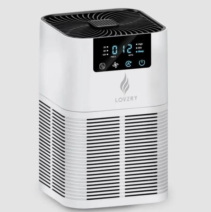 Air Purifier by AdTec, white unit with black digital display and top air vent.