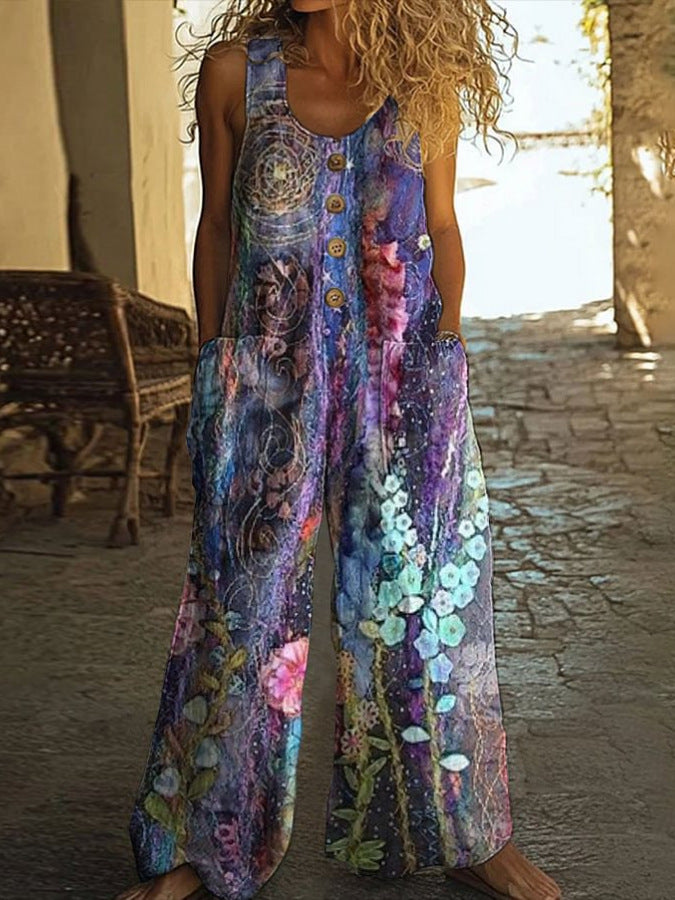 Mono de Moda Floral para Mujer con Bolsillos y Chaleco