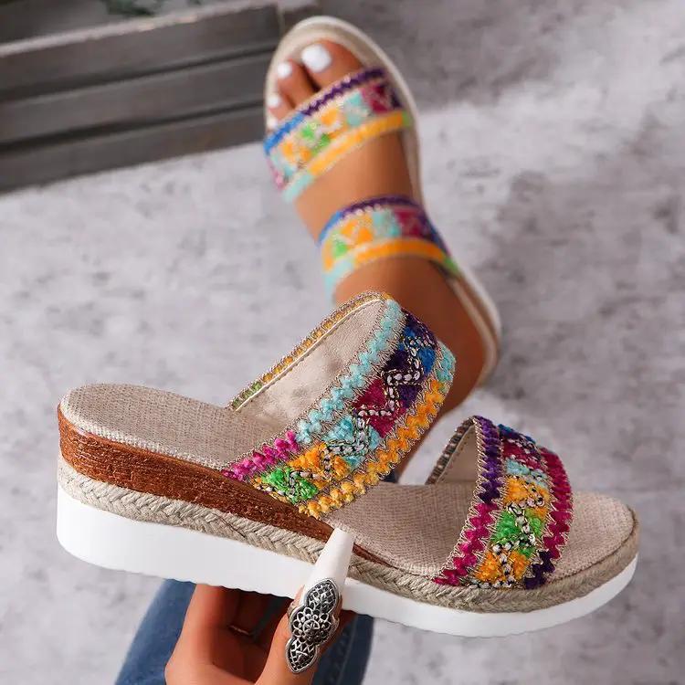 AdTec women's wedge sandals with colorful woven bands, linen footbed and espadrille-style sole