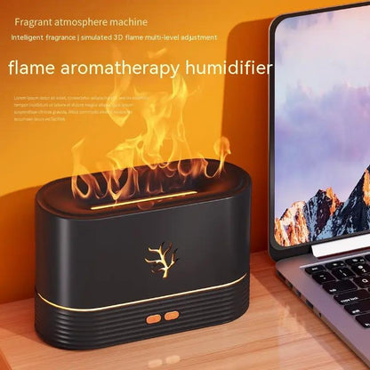 AdTec flame humidifier USB aroma diffuser with simulated fire LED glow on black desktop unit beside a laptop