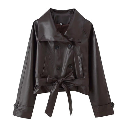 Leather coat, dark brown, short-length double-breasted with belted waist and wide lapels.