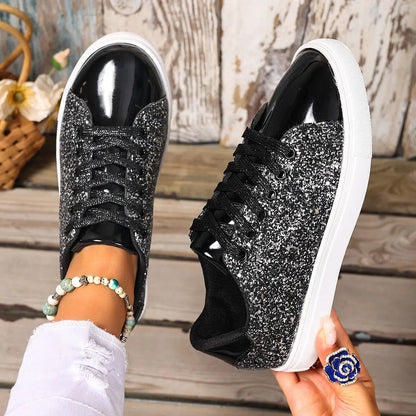 Plus-size sequined board shoes with front lace-up, glittery upper and white sole