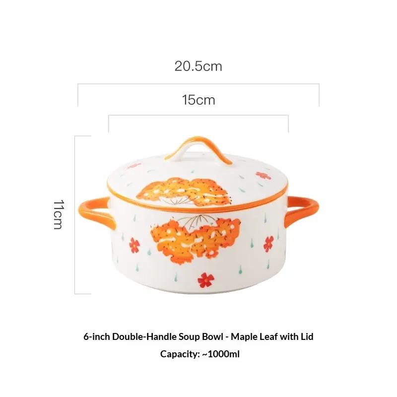 Double-handled ceramic soup bowl with lid by AdTec, white with orange handles and Maple Leaf floral motif, ~1000ml