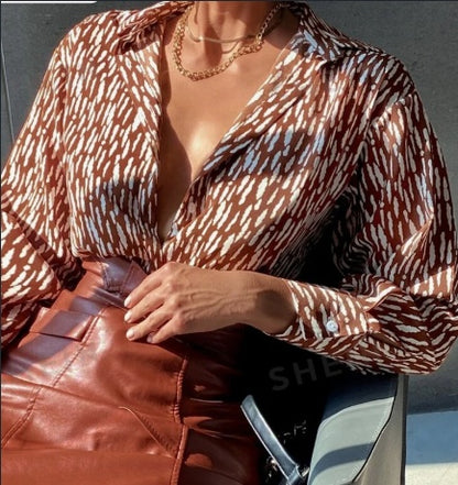 Camisa abotonada con estampado integral ropa de trabajo elegante, informal de negocios para mujer, camisa abotonada para mujer