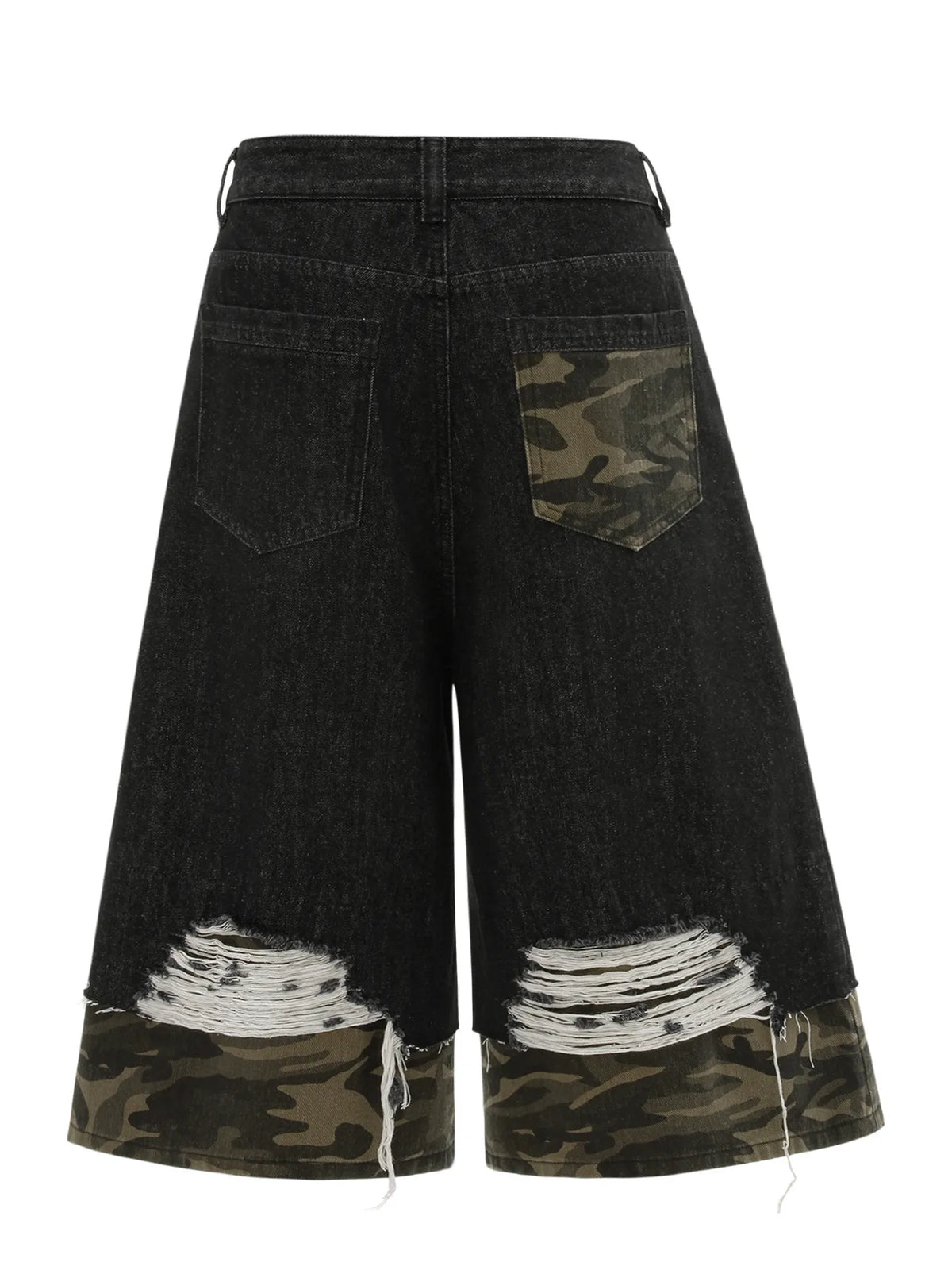Mens distressed black cotton denim Bermuda shorts with camouflage pocket, camo trim, and ripped hems