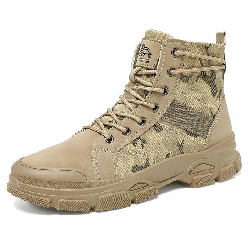 Mens High-top Hiking Boots in tan camouflage by AdTec with rugged traction sole