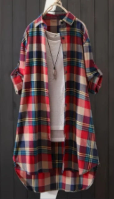 Chemise femme élégante à carreaux – Col polo classique avec fermeture boutonnée – Manches longues décontractées pour le printemps et l'automne – Un indispensable de la garde-robe pour les femmes branchées