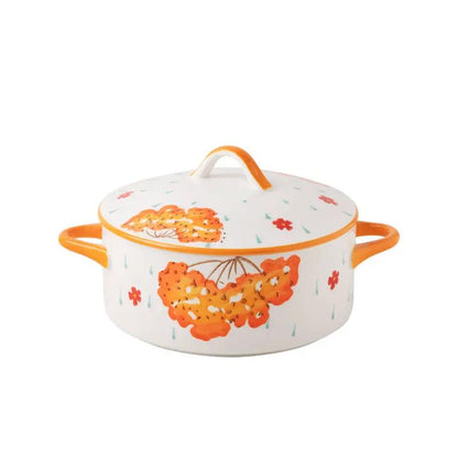 Double-handled ceramic soup bowl with lid in white, orange handles and floral orange pattern