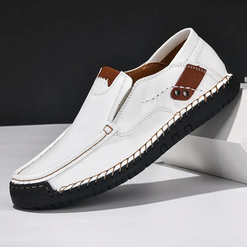 Meridian Hand Stitched Men's Outdoor Casual Shoes by AdTec, white leather with brown detailing and black outsole.