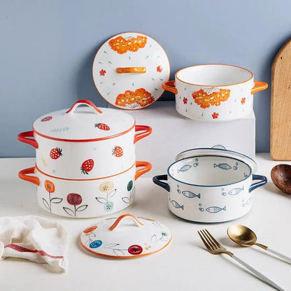 AdTec double-handled ceramic soup bowl with lid in white with orange handles and strawberry pattern
