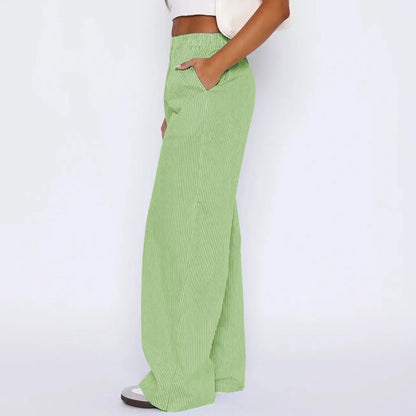 Pantalon rayé avec poches, pantalon décontracté et ample à jambe droite pour femmes