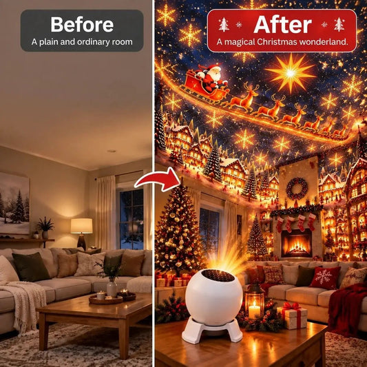 Christmas Magic Projection Light by AdTec; waterproof outdoor decorative lamp projecting Santa sleigh and stars.
