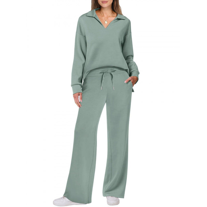 Chándal deportivo para mujer, conjunto de blusa de manga larga con cuello en V y pantalones rectos con cordón, conjunto de pantalones casuales de color liso