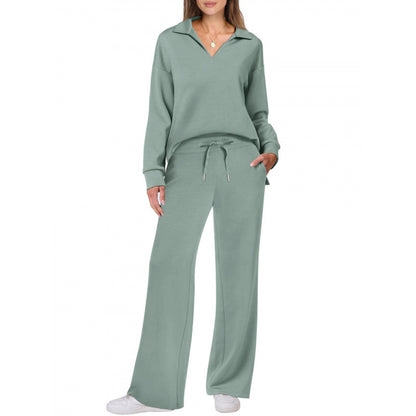 Chándal deportivo para mujer, conjunto de blusa de manga larga con cuello en V y pantalones rectos con cordón, conjunto de pantalones casuales de color liso