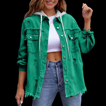 Veste en jean ample à capuche unie pour femme