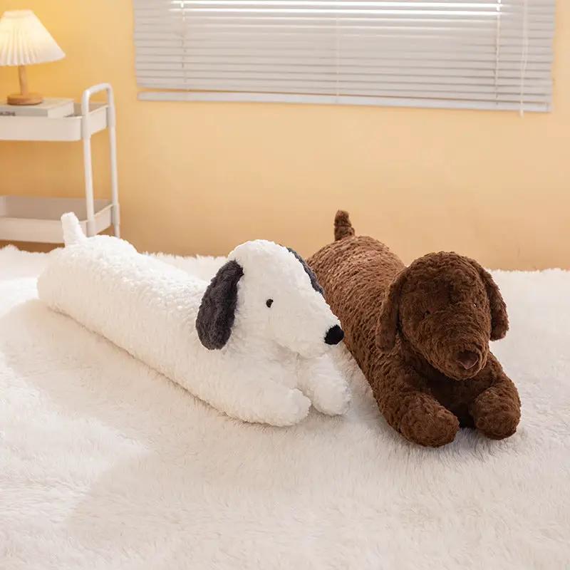Dachshund plush long pillows, set of 2 in white and brown, soft plush toys on fluffy white surface