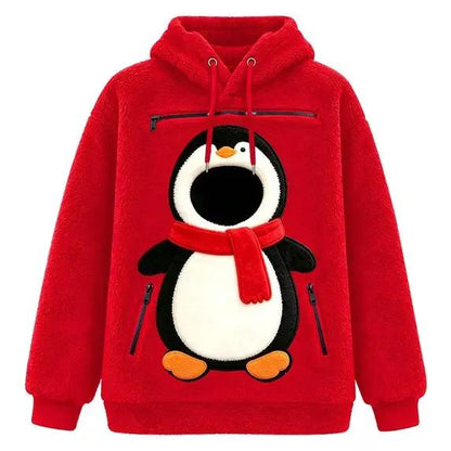 Pet Christmas 3D Printed Hooded Pullover Sweatshirt by AdTec, plush red fleece with penguin applique
