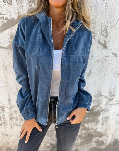 Women's Solid Color Simple Corduroy Hooded Jacket