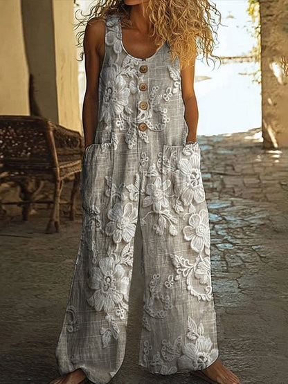 Mono de Moda Floral para Mujer con Bolsillos y Chaleco