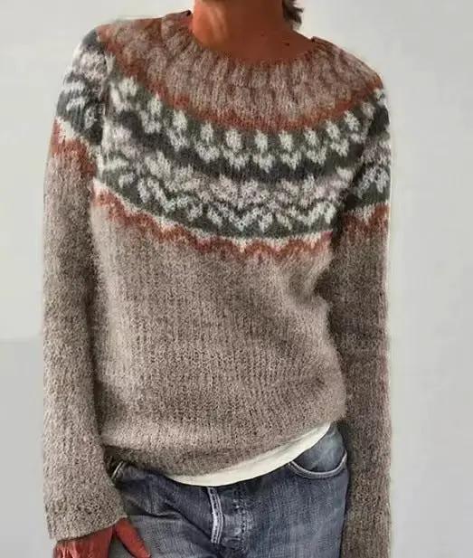 Round neck multicolor loose fashion pullover sweater by AdTec; beige-gray knit with a geometric yoke.
