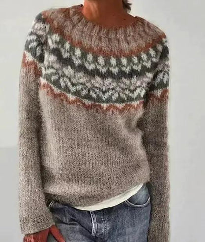 Round neck multicolor loose fashion pullover sweater by AdTec; beige-gray knit with a geometric yoke.