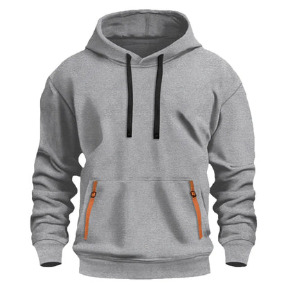 New Fallwinter Mens Fleece-lined Hoodie AdTec gray fleece with black drawstrings and orange pocket zippers