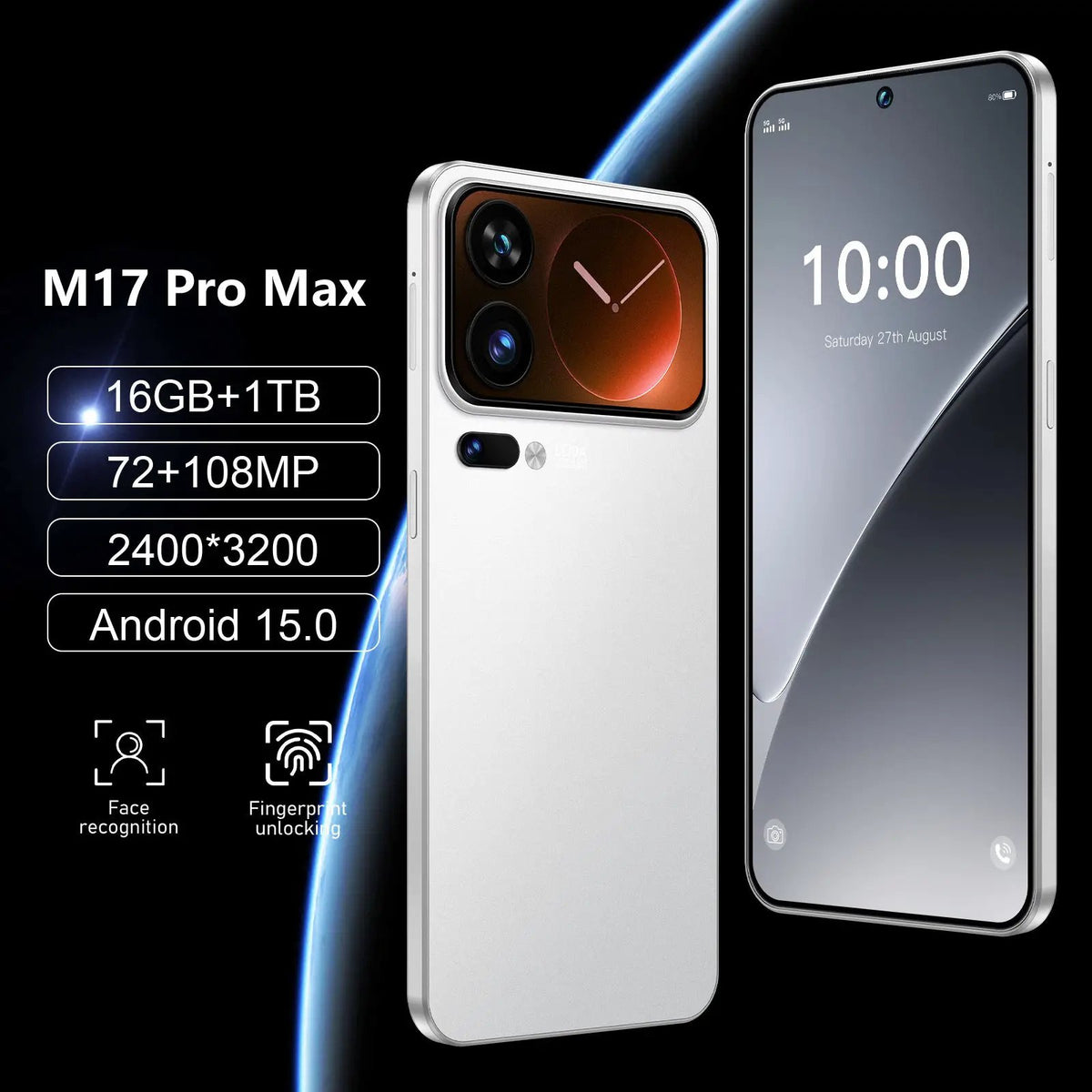 M17 Pro Max smartphone by AdTec; two silver devices shown, front and rear views emphasizing the camera module.